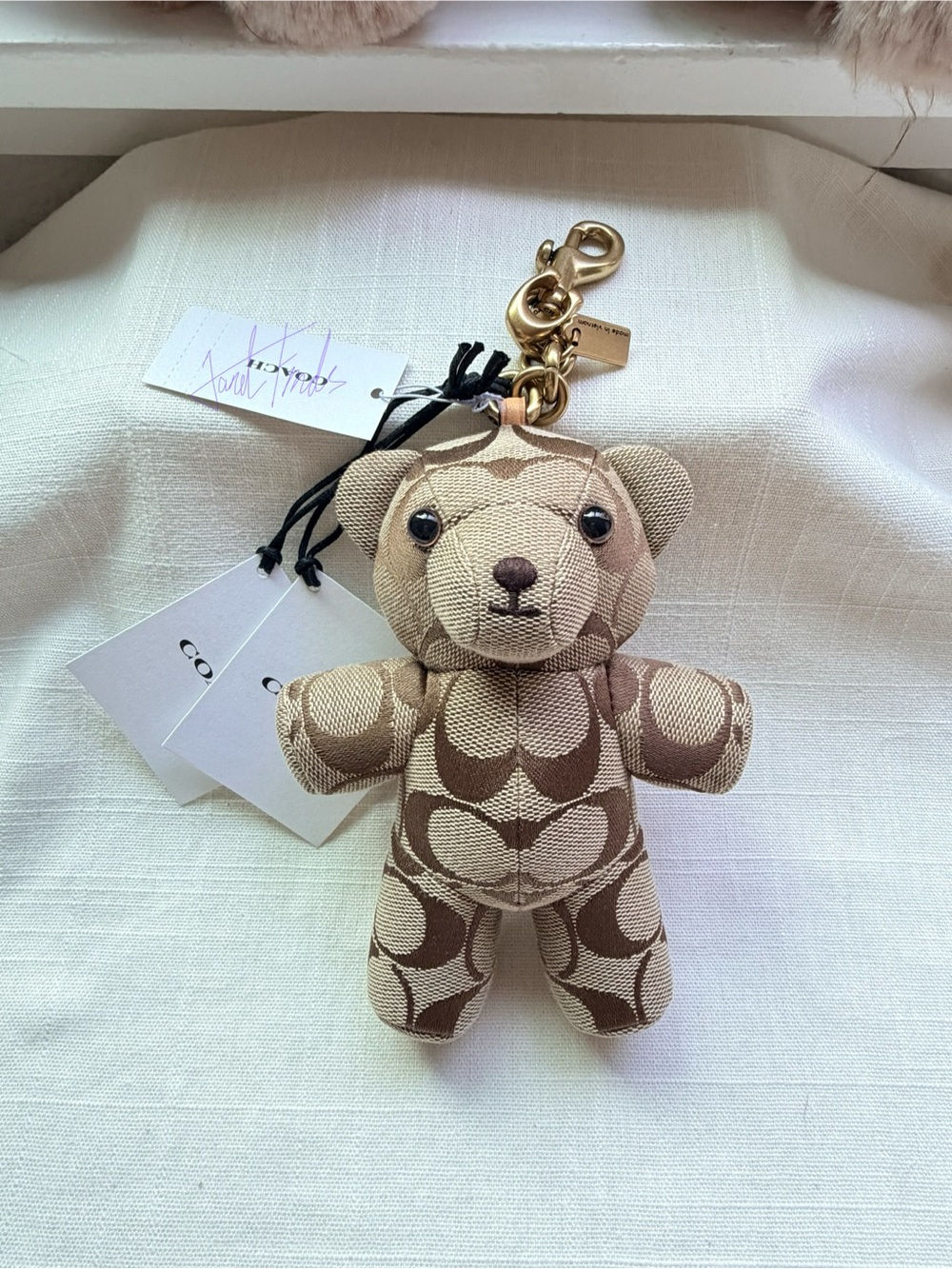NWT 🧸 COACH Signature Jacquard Leather Bear Bag Charm in Tan